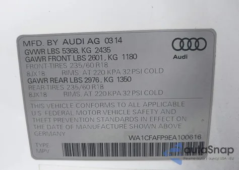 2014 Audi Q5 2.0T Premium from USA, damaged, VIN WA1CFAFP9EA100616